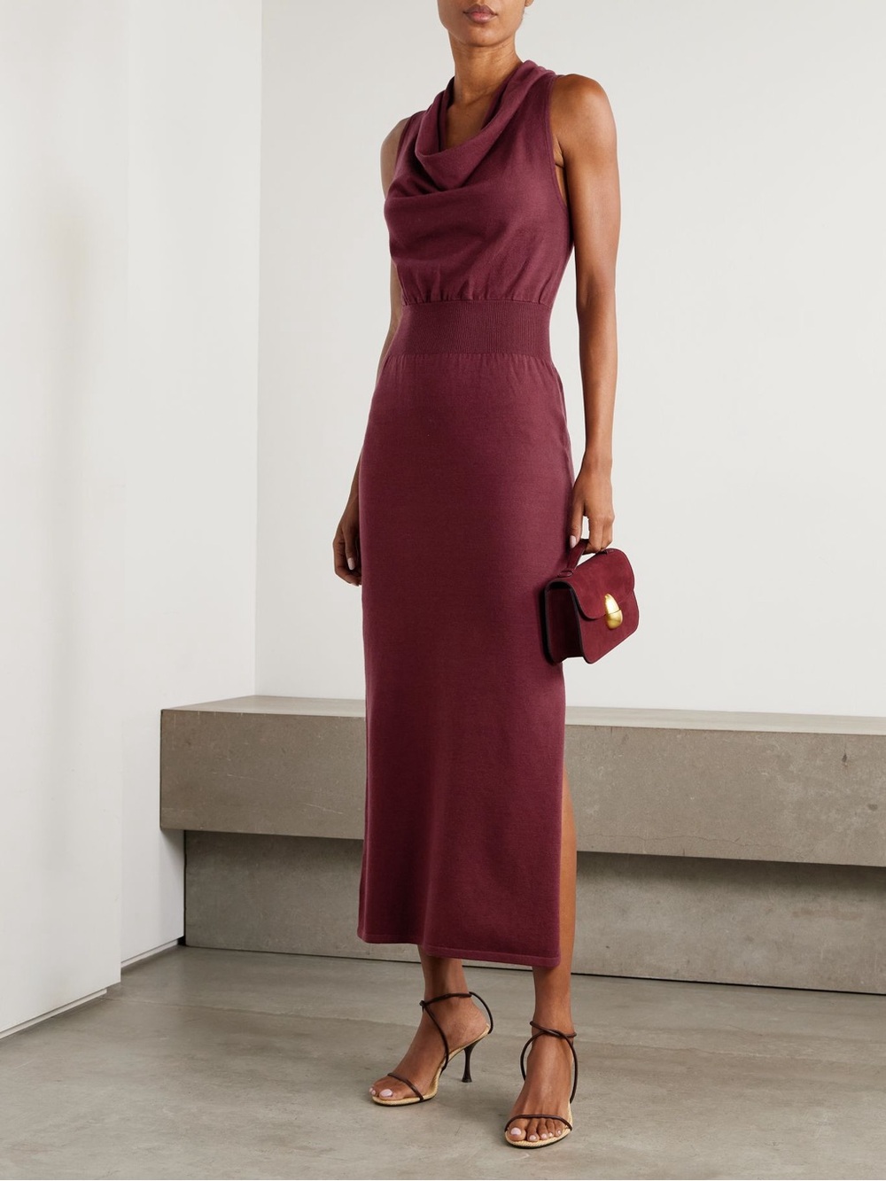 Sleeveless Cowl Neck Maxi Dress in Burgundy
